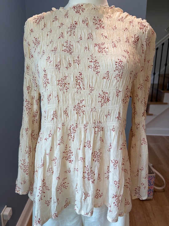 Adiva Tops - Adiva Cream Floral Smocked Peplum Blouse Long Sleeve Boho Top Size Medium